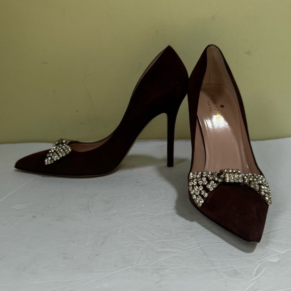 Kate Spade Lissie Hangisi Bow Burgundy Suede  Leather Point Toe Heels Rhinestone - Picture 10 of 16